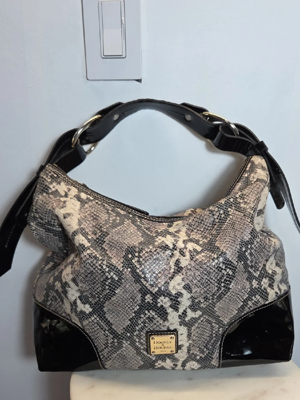 Dooney & Bourke Black and Cream Leather Snake-Print Hobo Bag